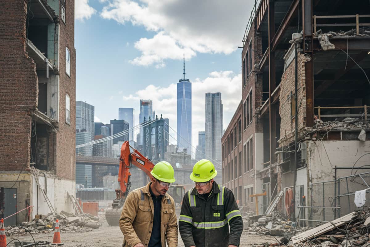 Demolition crew members reviewing blueprints on a construction site, emphasizing planning and...