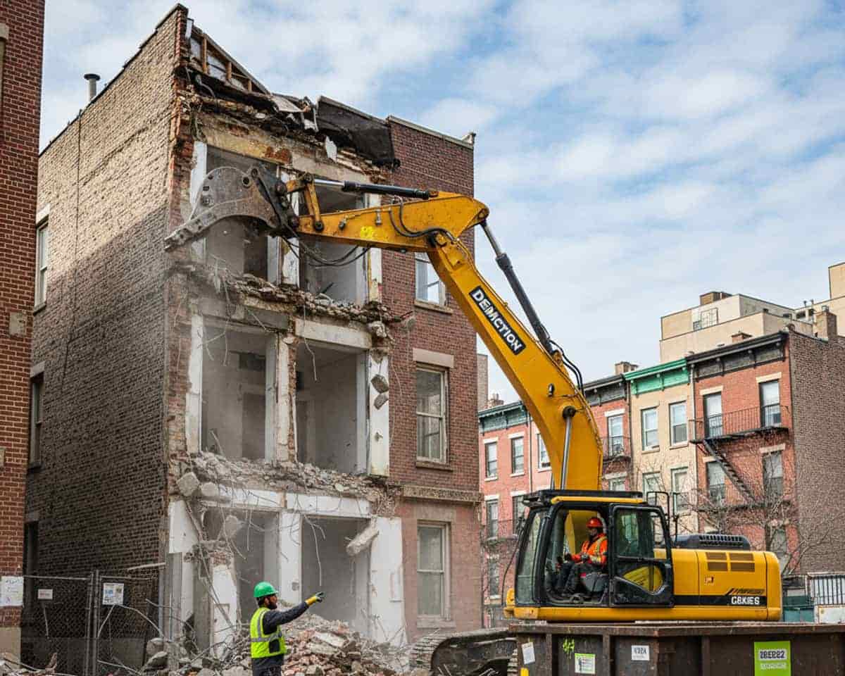 Large excavator clearing a demolition site, managed by Demolition Masters NY