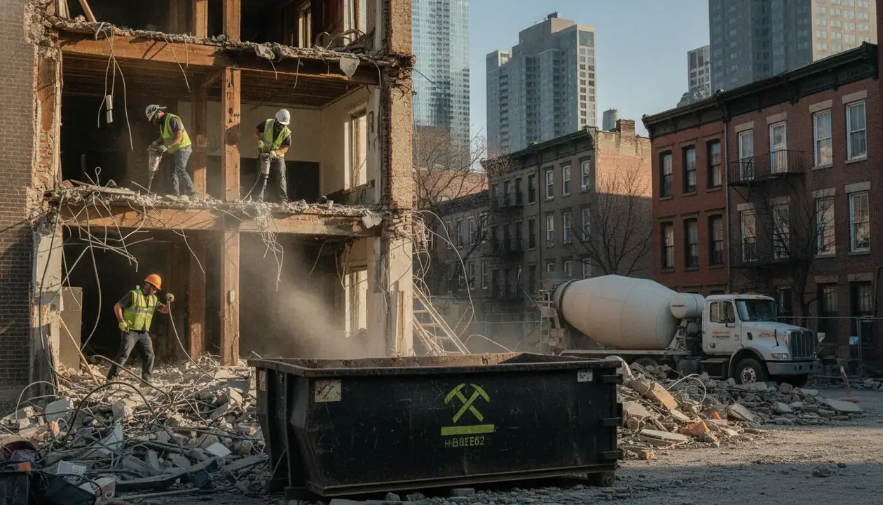 Demolition crew working on a building site in NYC, ensuring safety and efficiency
