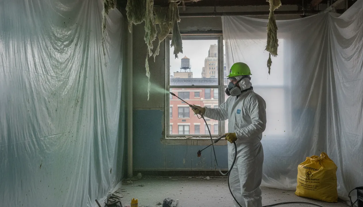 Worker in protective gear removing asbestos during pre-demolition. Mask and specialized suit...