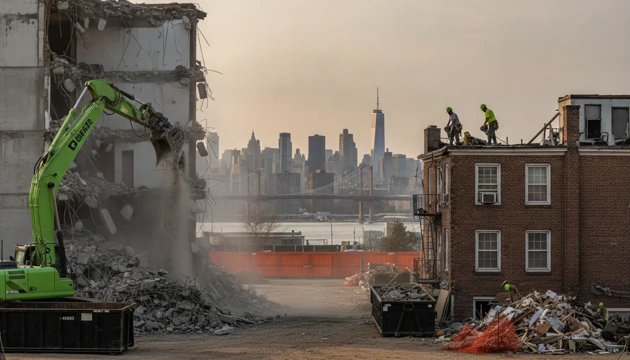Commercial demolition site next to a residential house demolition, showing scale differences.