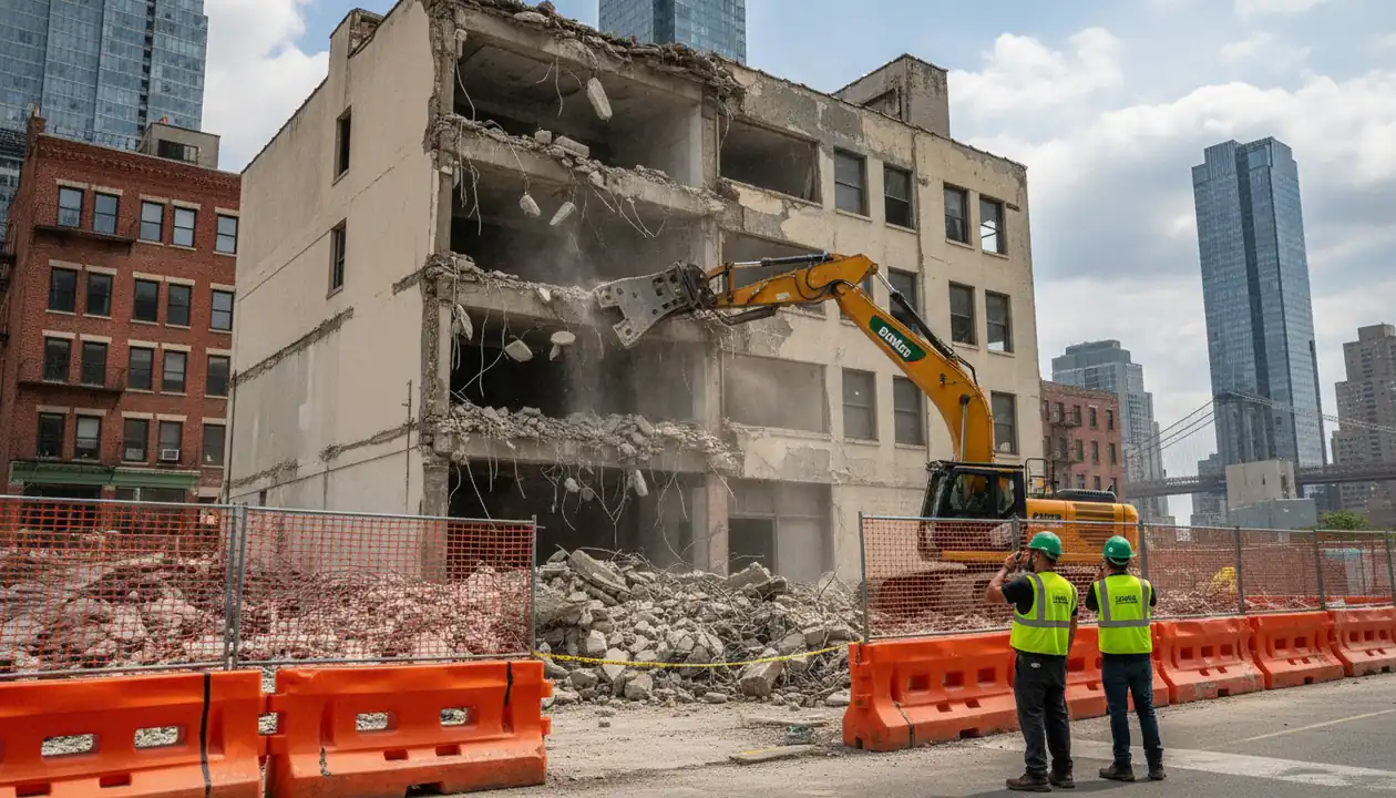 Large excavator demolishes a commercial building in an urban area with safety barriers.
