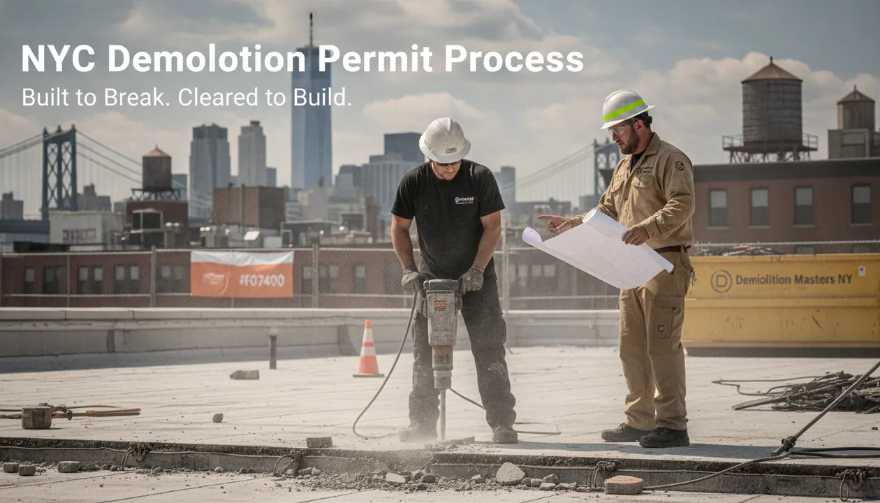 Demolition crew working on a building with the NYC skyline in the background, showing urban...