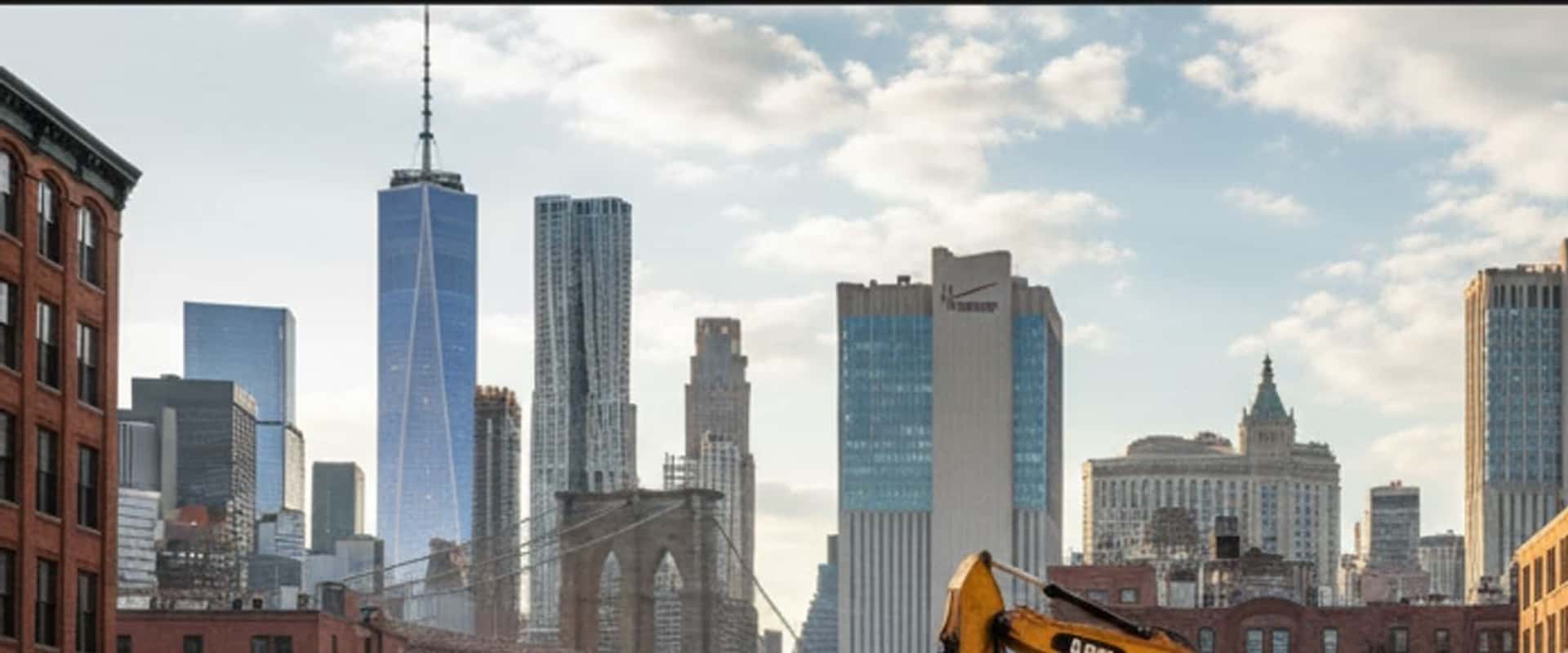 A wide shot of a cleared urban demolition site ready for new construction, with city buildings...
