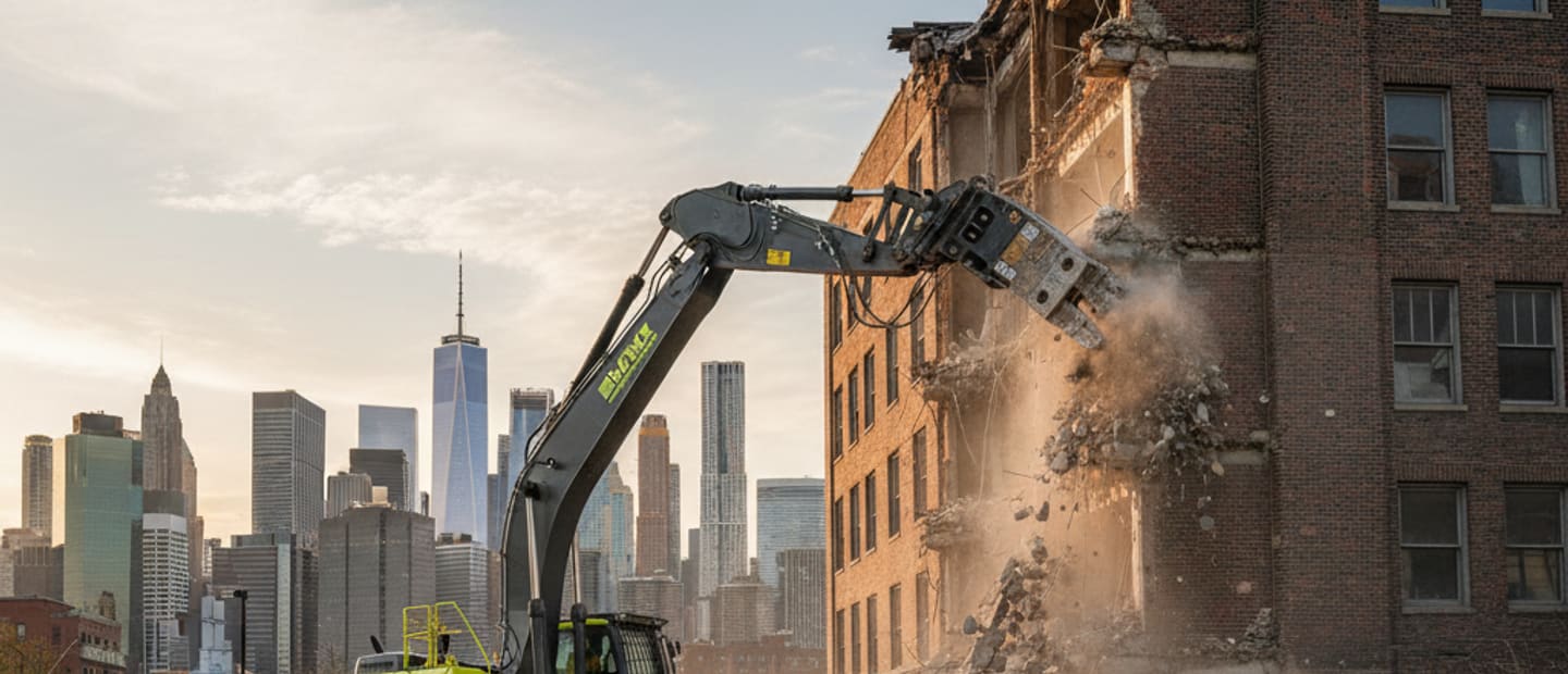 A large excavator breaking down a building in an urban setting with the NYC skyline in the...