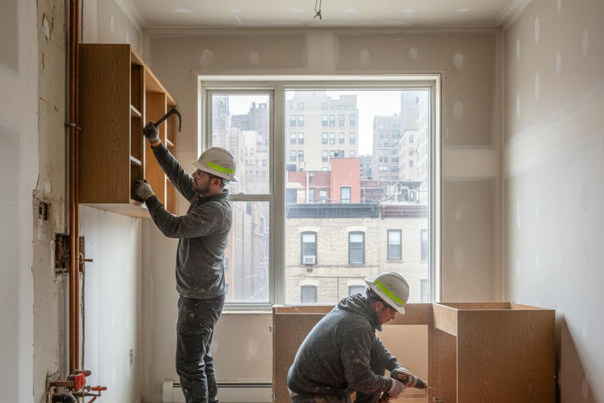 Demolition crew safely removing kitchen cabinets during an apartment gutting project.