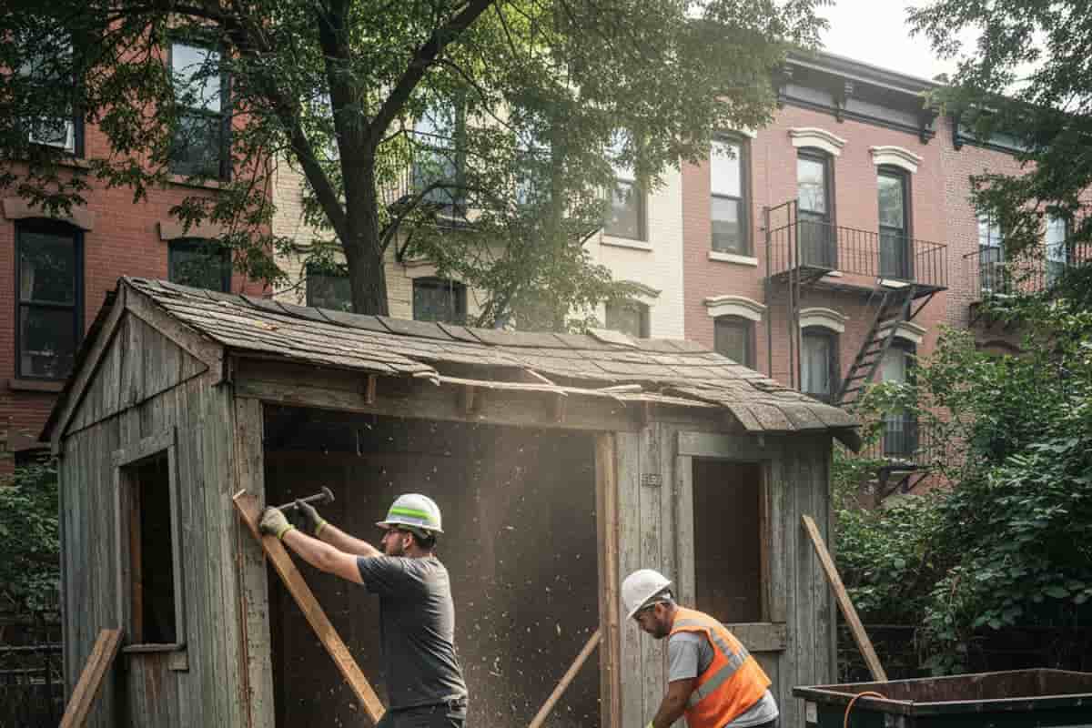 Demolition crew safely removing an old shed during a backyard demolition project