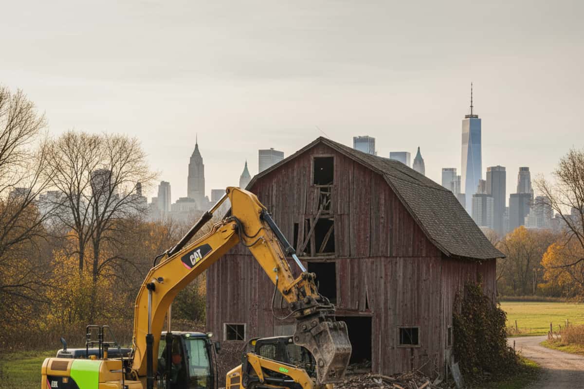 Heavy machinery preparing for barn demolition project