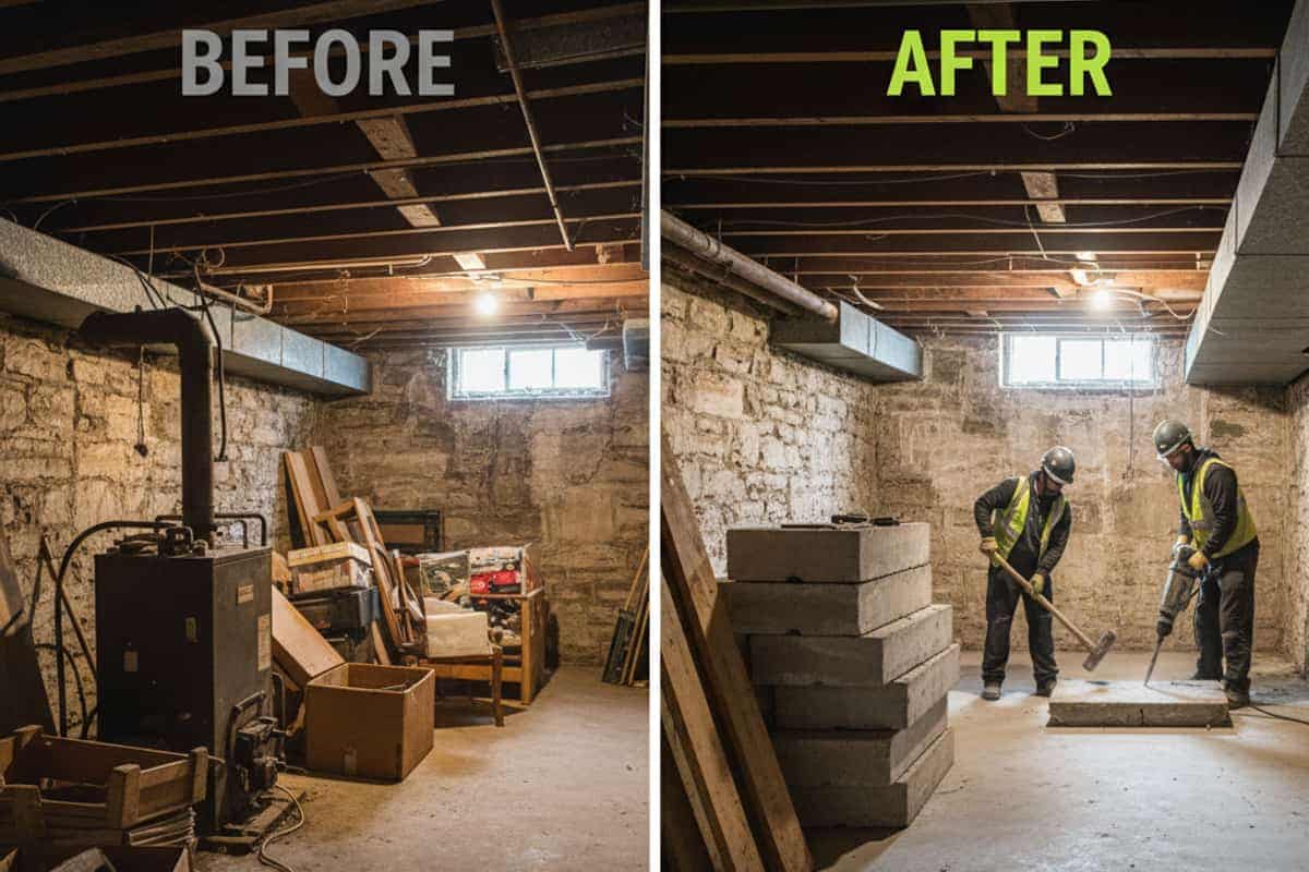 Before and after image of a basement demolition, showing cleared space