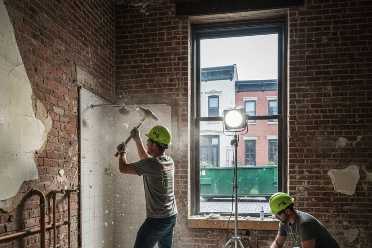 Image illustrating complete bathroom tear-out for renovation with cleared space