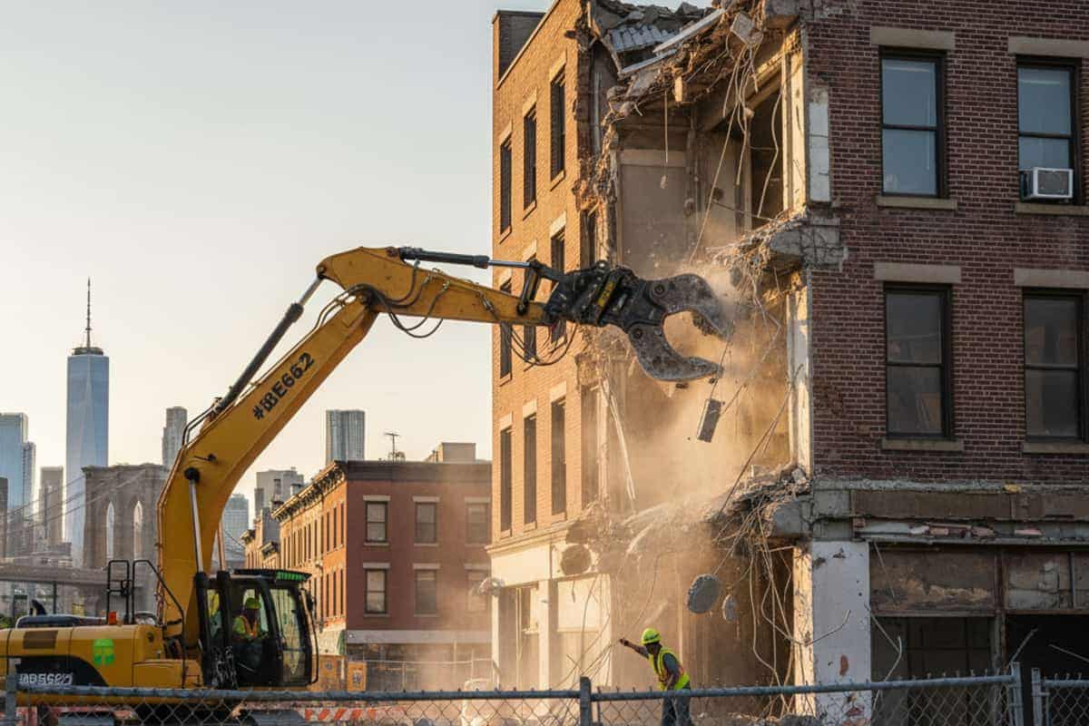 Excavator breaking down a commercial structure