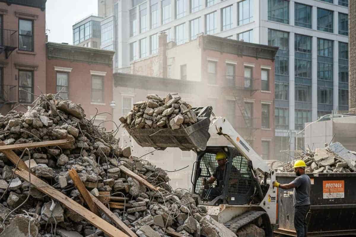 A pile of demolition debris including concrete and rebar, ready for removal.