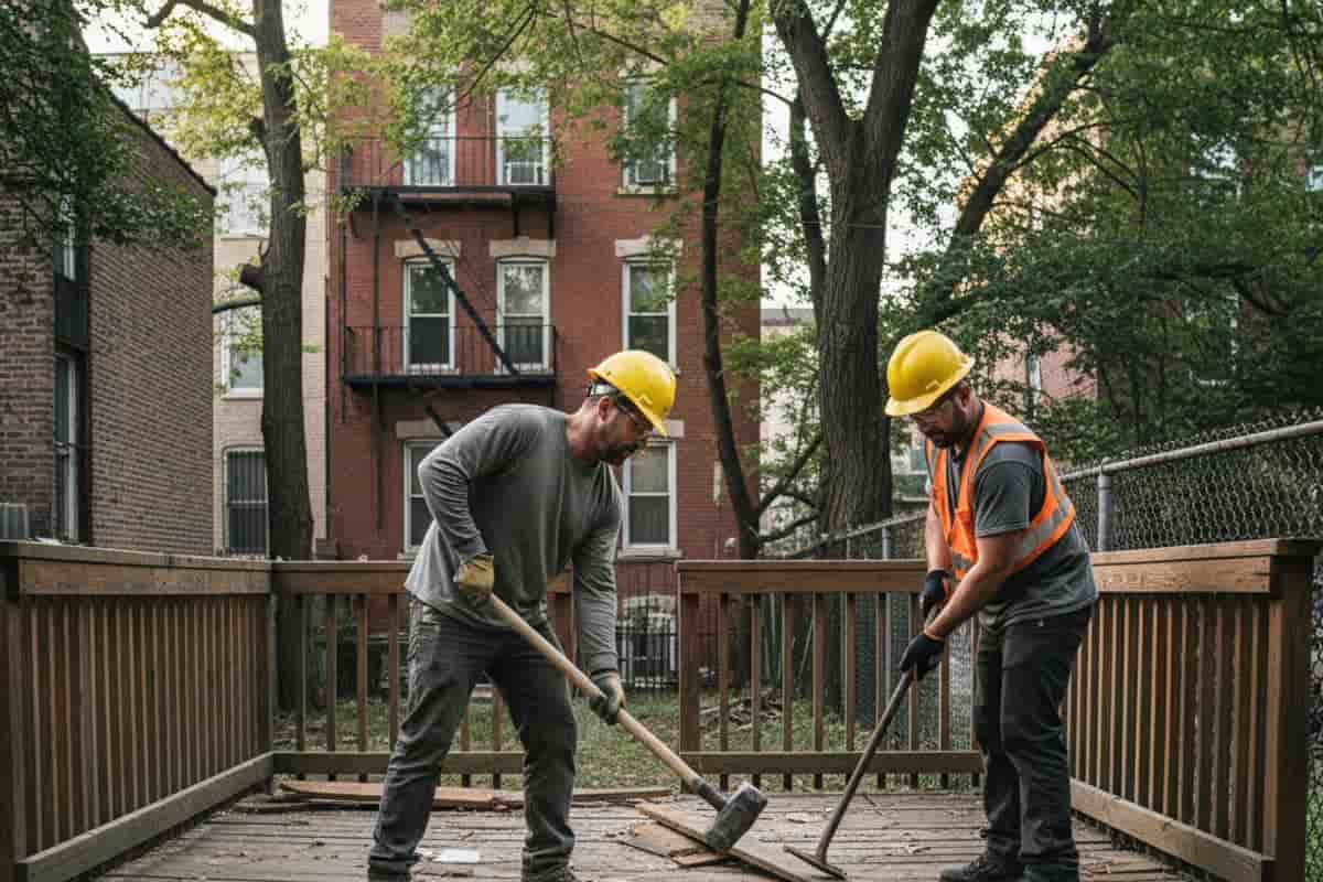 Workers tearing down an old wooden deck