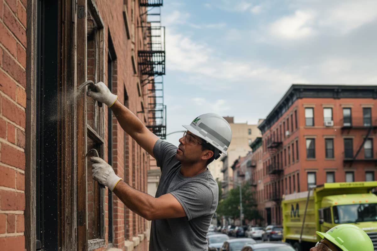 Worker safely removing an old window frame from a residential wall