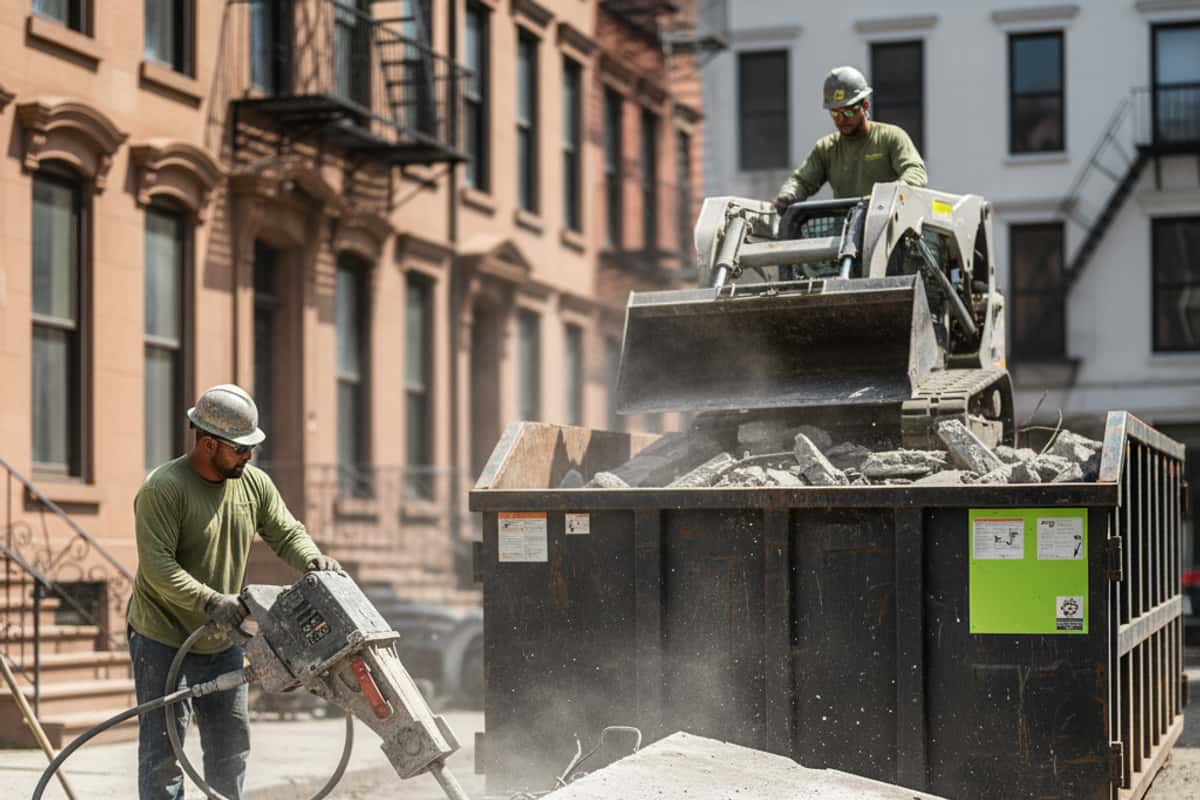 Close-up of a broken concrete driveway being loaded into a debris container by demolition crew.