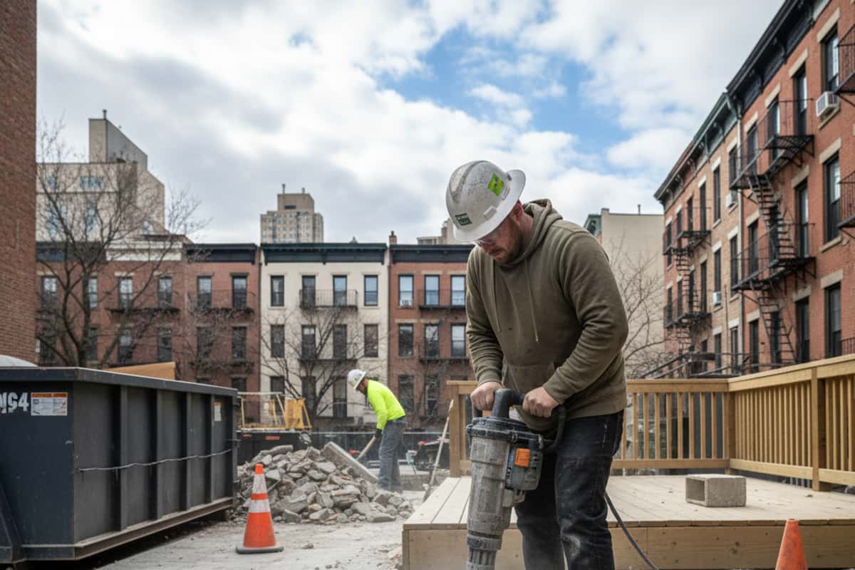 A concrete patio being demolished with a jackhammer, showing debris.