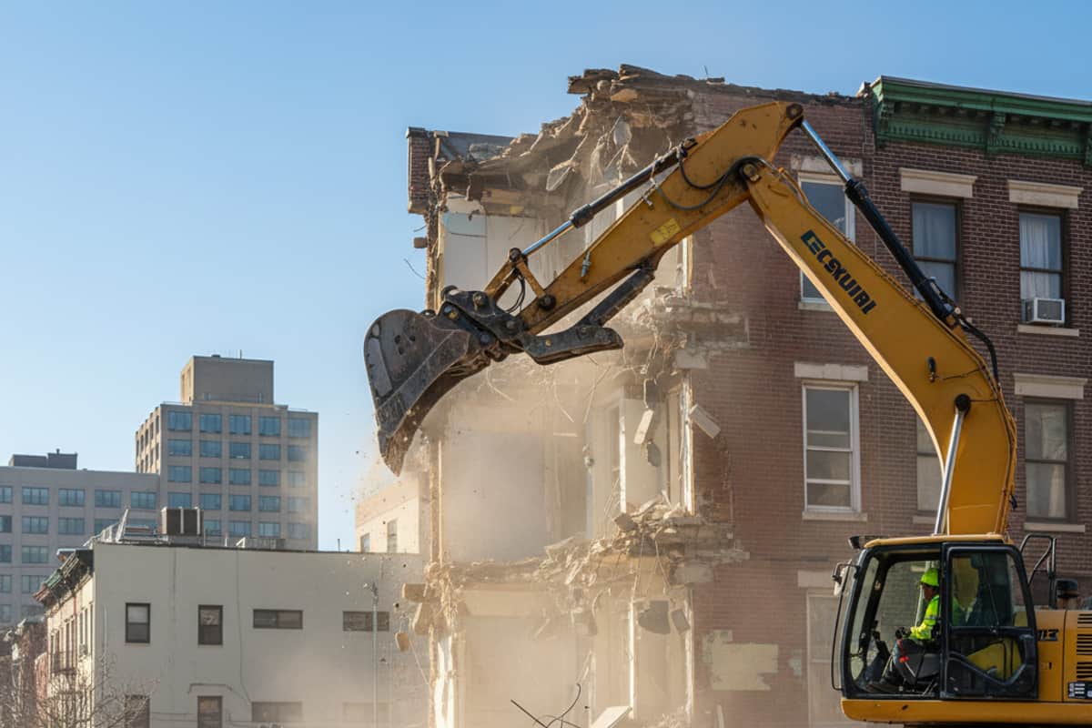 Close-up of a house demolition site with an excavator arm working