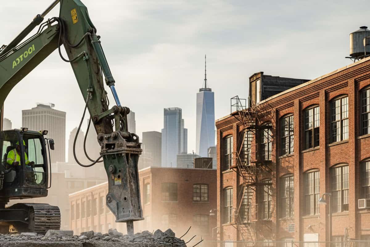 Excavator breaking down concrete at an industrial demolition site