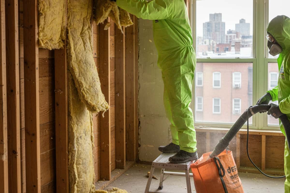 Insulation being carefully removed from a wall cavity