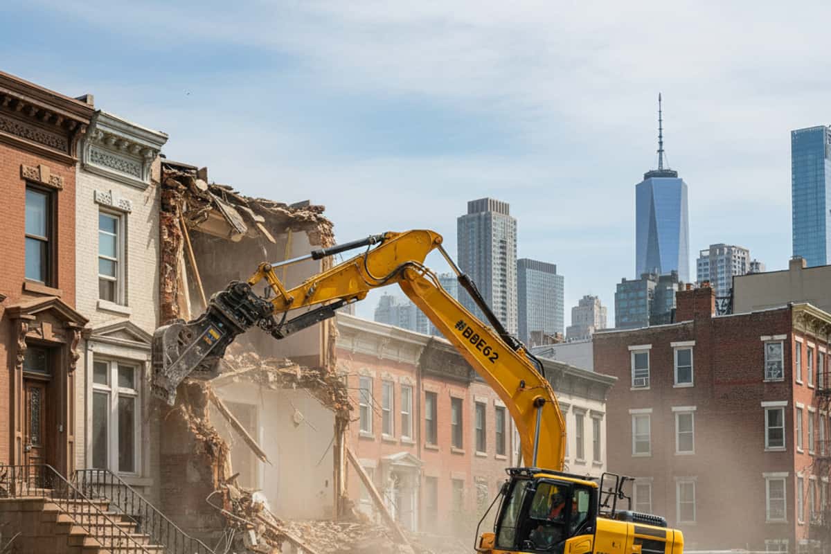 Residential house undergoing demolition with a yellow excavator.