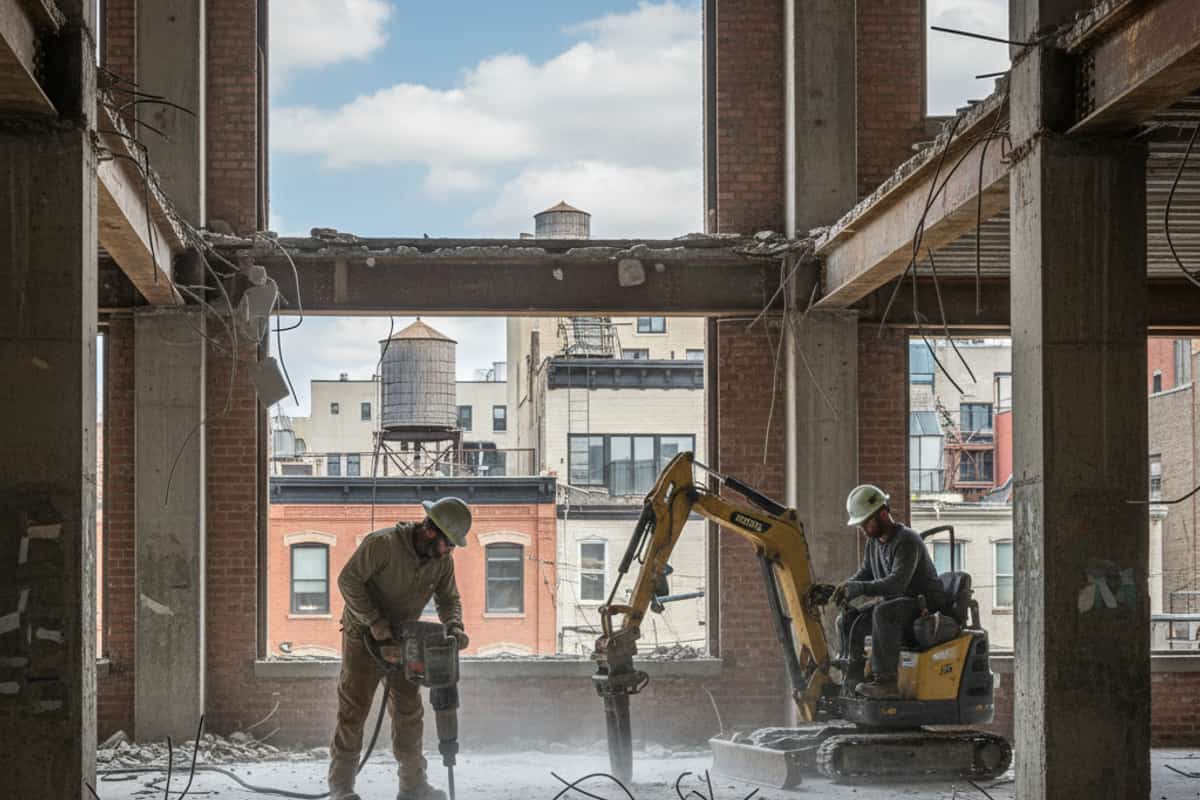 Exterior selective demolition of a commercial building, targeting specific structural elements while maintaining integrity.