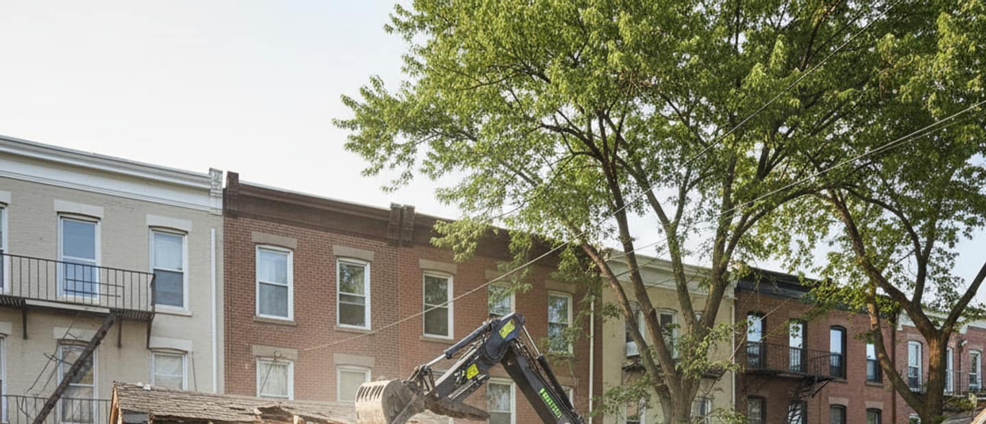 Professional team performing backyard demolition on a residential property in Brooklyn, NYC