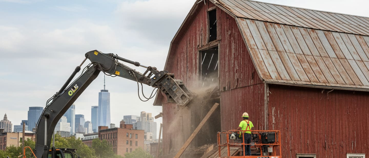 Demolition crew safely dismantling a large barn structure in Brooklyn