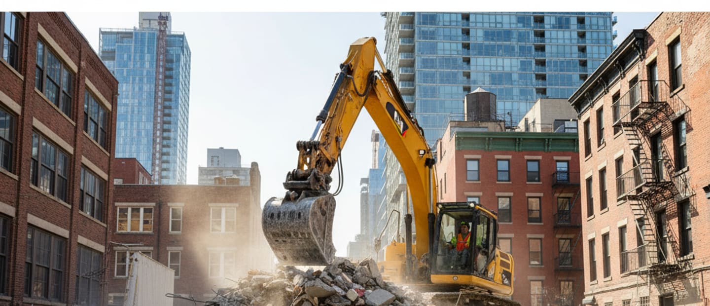 Construction site with large pile of mixed debris and a grapple attachment on an excavator, ready for debris removal in Brooklyn.