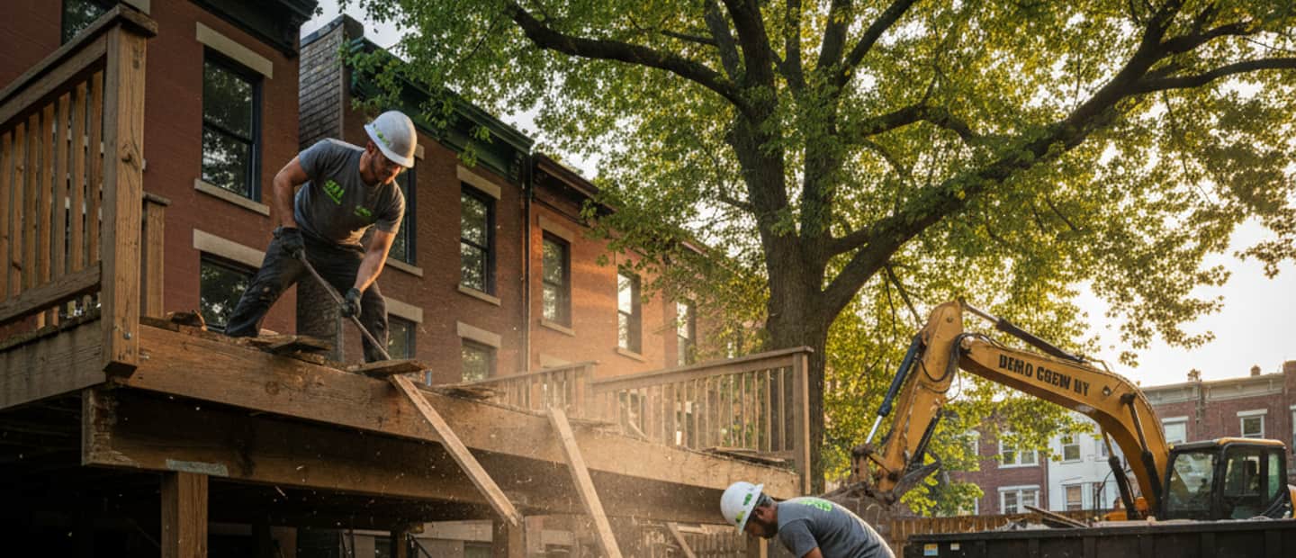Large wooden deck being dismantled by a demolition crew
