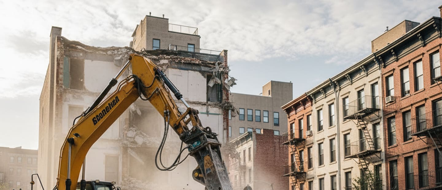 Heavy machinery preparing a demolition site in Brooklyn