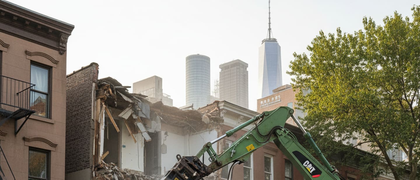 Demolition of an old house in Brooklyn with dust and debris, heavy machinery at work