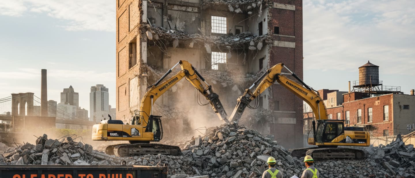 Large industrial building being demolished with heavy machinery in Brooklyn
