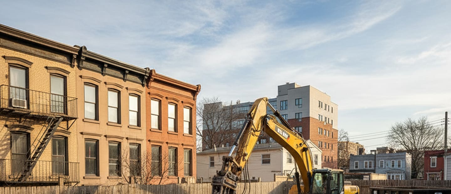 Large excavation equipment demolishing an inground swimming pool.