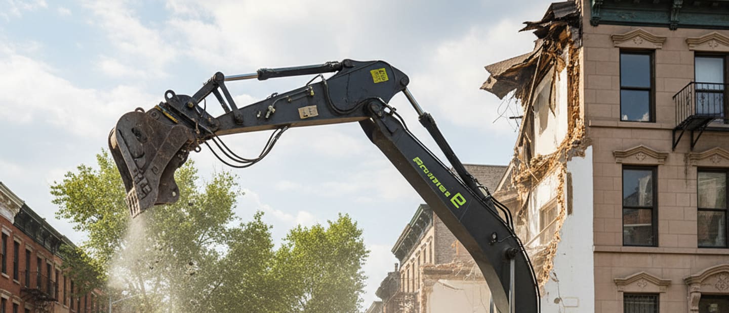 Residential house being demolished by an excavator, preparing for new construction.