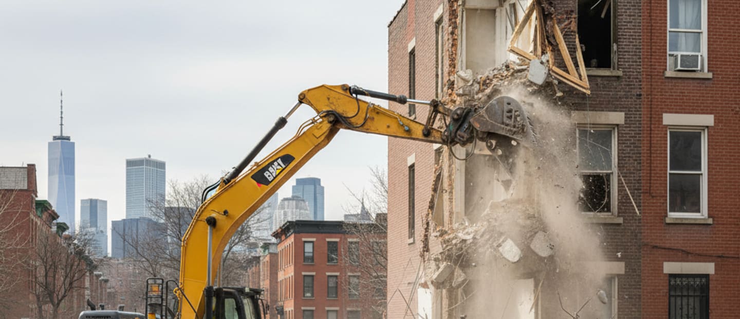Large excavator demolishing a residential exterior structure in Brooklyn, New York.