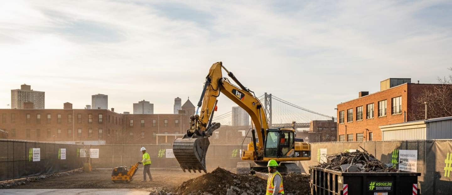 Excavator clearing land on a Brooklyn construction site