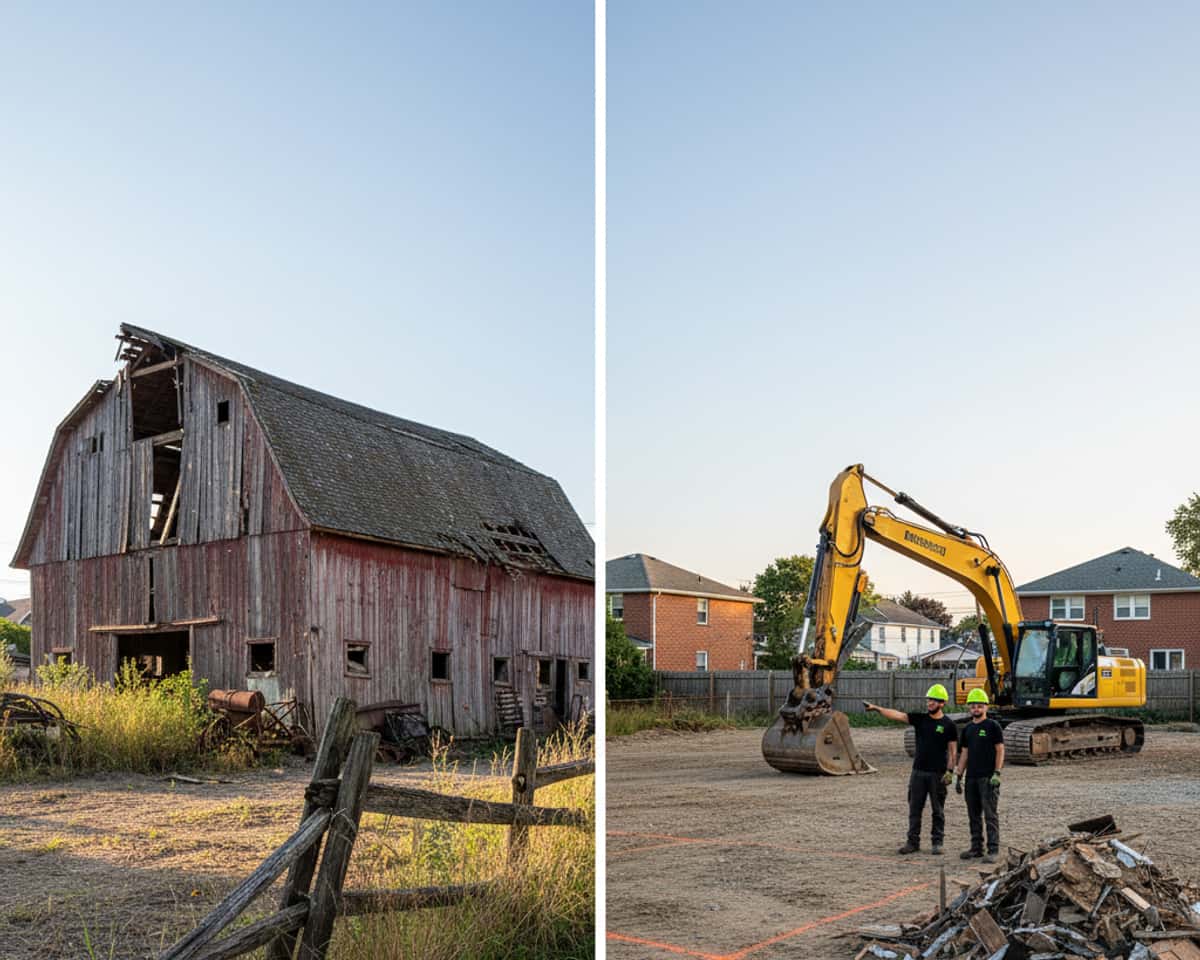 Before and after view of a property after complete barn removal by Demolition Masters NY