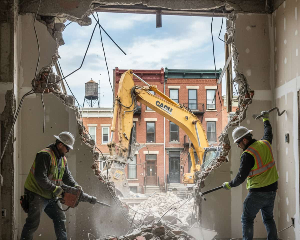 Demolition crew at work on a commercial site with heavy equipment