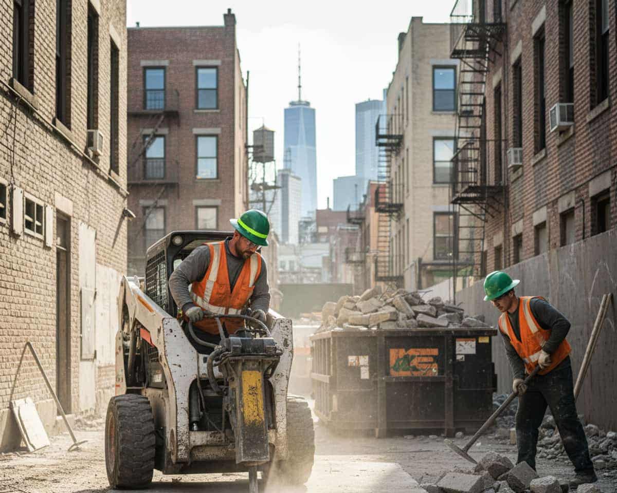 Demolition crew members removing concrete debris with heavy machinery
