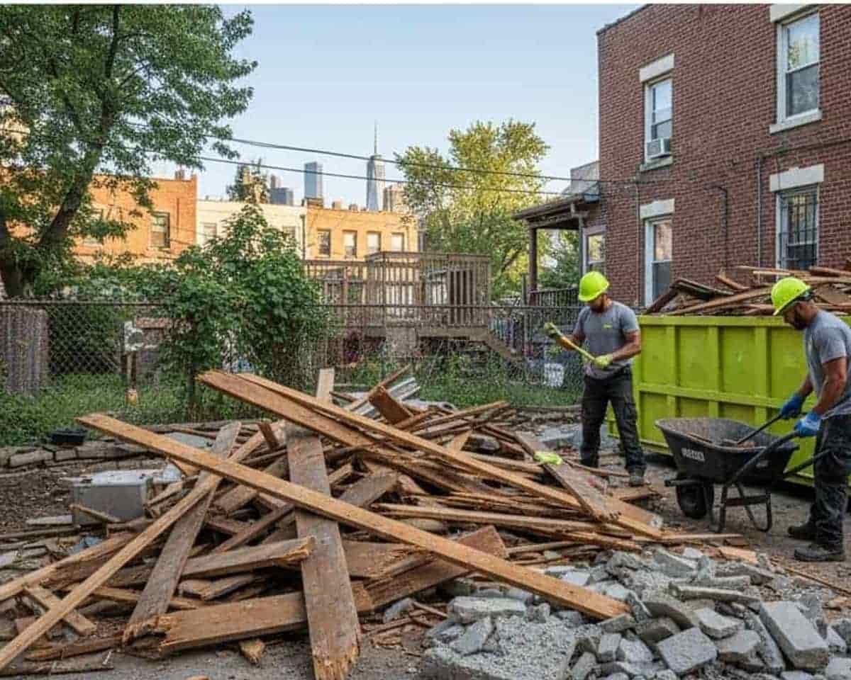 Demolished deck site with debris neatly piled for removal