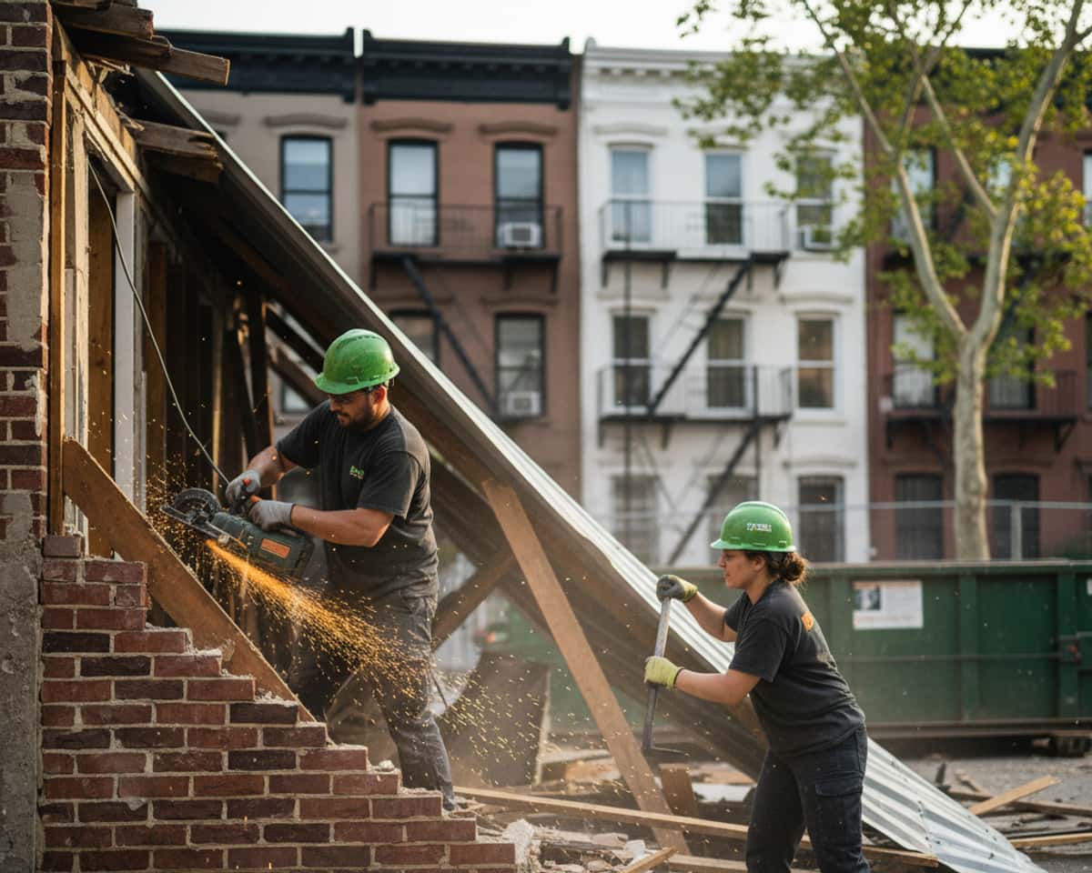 Demolition crew safely tearing down a residential garage in an urban setting