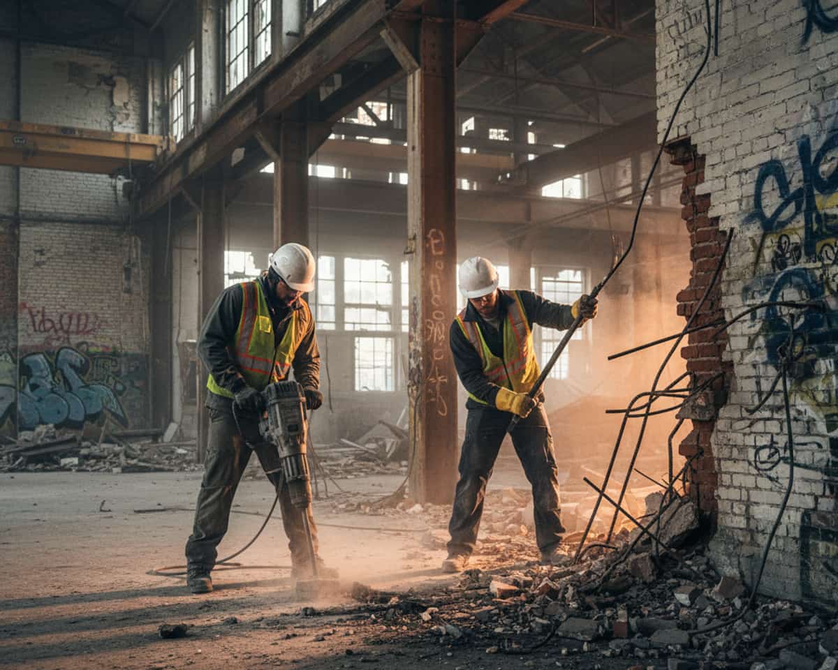 Demolition crew working on an industrial structure interior