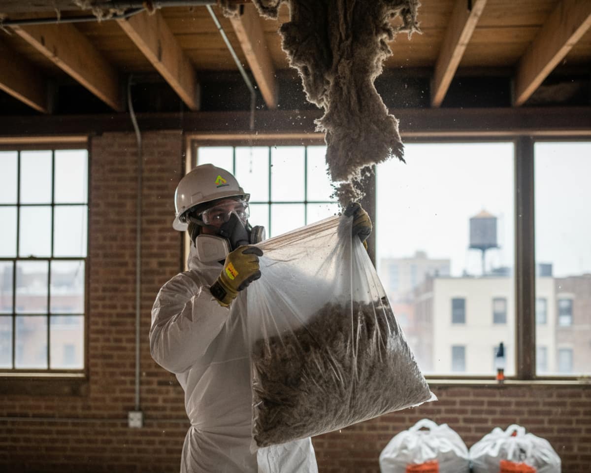 Worker in protective gear bagging removed insulation material