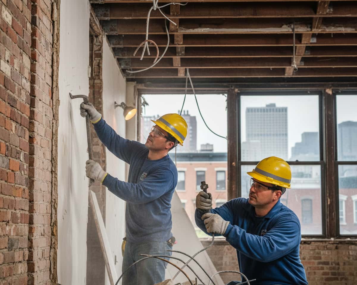 Demolition Masters NY crew working on interior selective demolition, focusing on detail and safety.