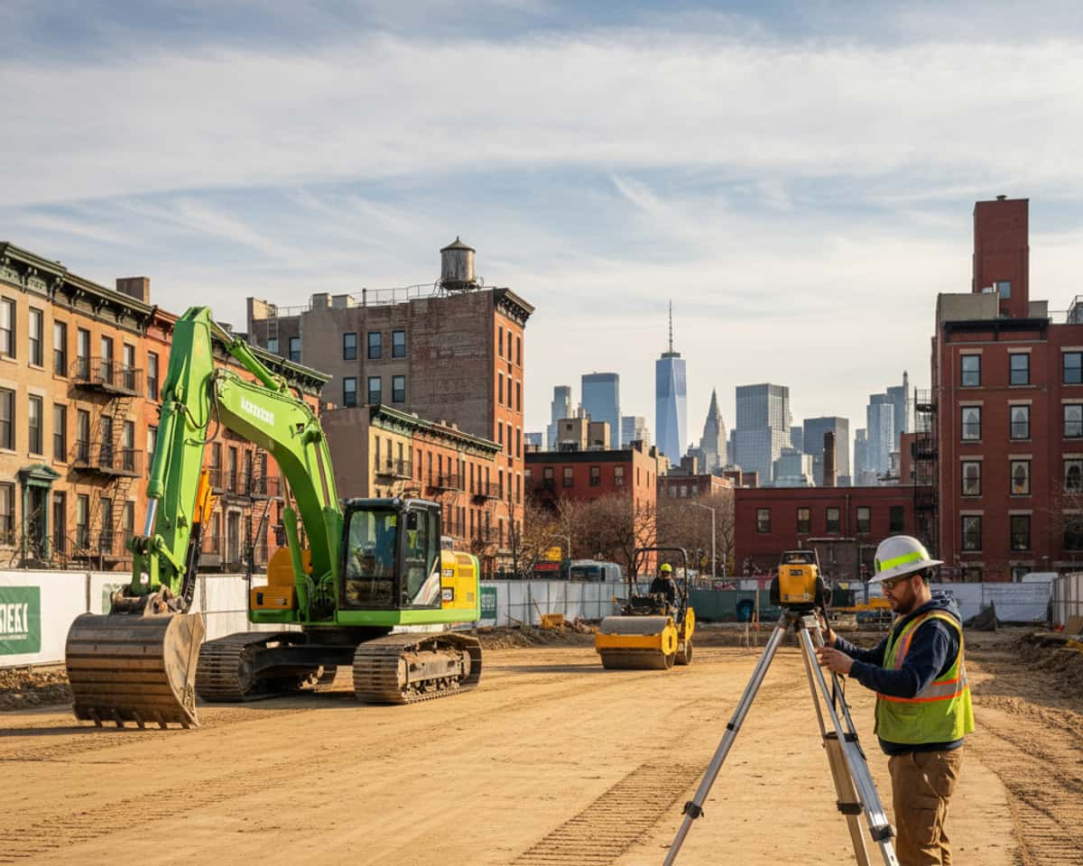 Smoothly graded land after site preparation for a new building foundation